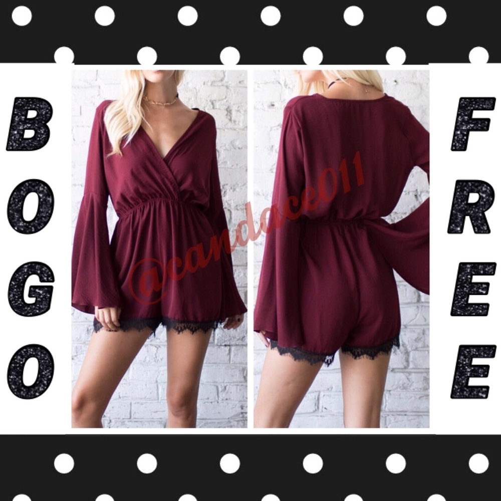 ⭐️5 STAR!⭐️ Burgundy Bell Sleeve Lace Trim Romper
